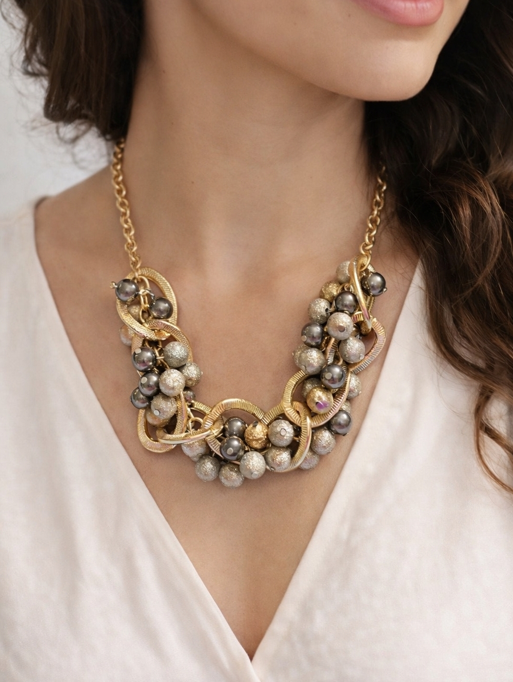 Gold Tone Beaded Cluster Statement Necklace Multi Texture